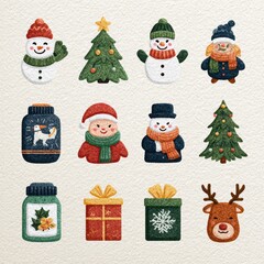 Colorful winter holiday elements featuring snowmen, a Christmas tree, presents, and festive decorations