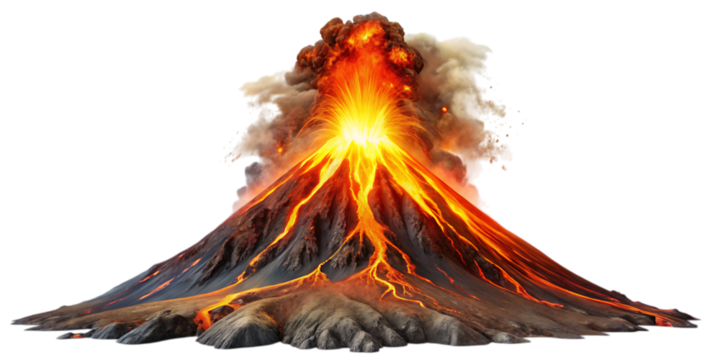A realistic volcano erupting with lava - isolated on a white background.PNG