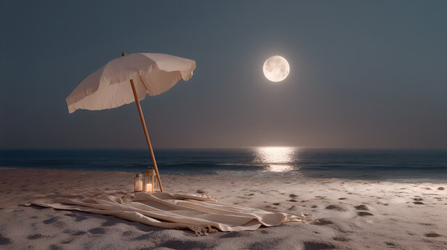 Moonlit Beach Retreat: Tranquil Seascape with Umbrella, Candles, and Blanket under a serene night sky