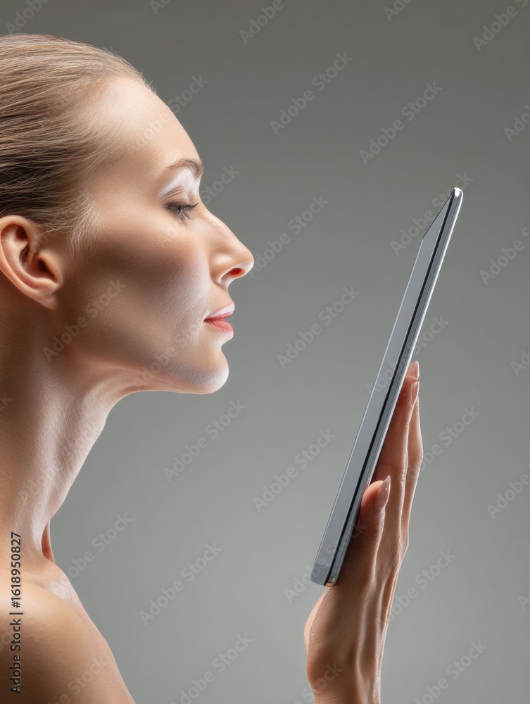 Poster chin augmentation preview displayed on a tablet with elegant hands holding it in a side view against
