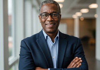 Fototapeta premium Professional african american businessman with glasses and a suit smiles confidently with arms crossed in a well lit hallway