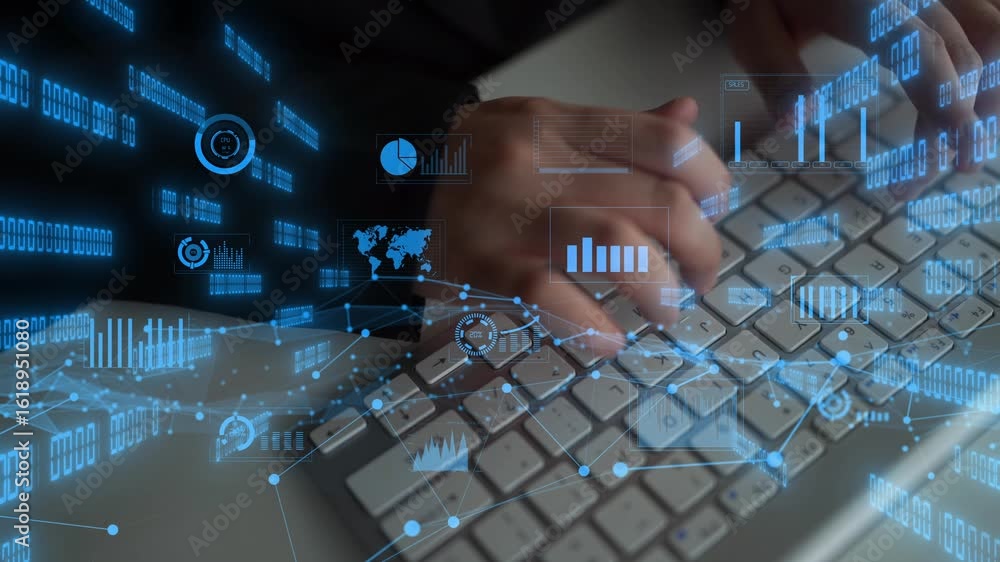 Poster this image depicts hands typing on a keyboard amidst a backdrop of digital data visualization, inclu