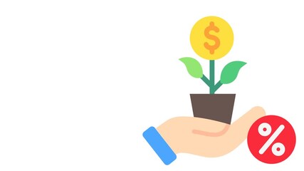 Business and Finance growth, Interest Rate with Money Tree, Hands, 2D Animation with Dollar Bills on Transparent Background. Editable for Presentations, Investment, Business, and Finance. - Powered by Adobe
