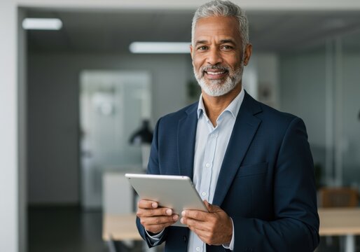 Smiling senior man with salt and pepper beard holds tablet in modern office setting