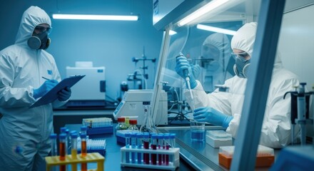 Researchers in a highlevel biosafety lab manipulating liquid samples under a laminar flow hood during antiviral drug compound formulation.