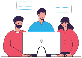 Minimal Flat Design Illustration of a Tech Team Debugging Code Around a Large Monitor in a Cheerful Collaborative Office Environment