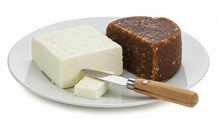 A rustic square of fresh white cheese paired with a dark block of papelón (unrefined cane sugar), arranged on a white ceramic plate. A small knife rests beside them.