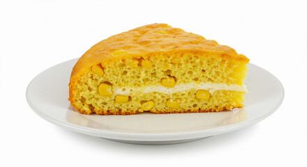 A slice of chipa guasu, a moist Paraguayan corn cake made with fresh corn kernels, cheese, and milk, served on a white ceramic plate. The golden-yellow texture and visible corn pieces.