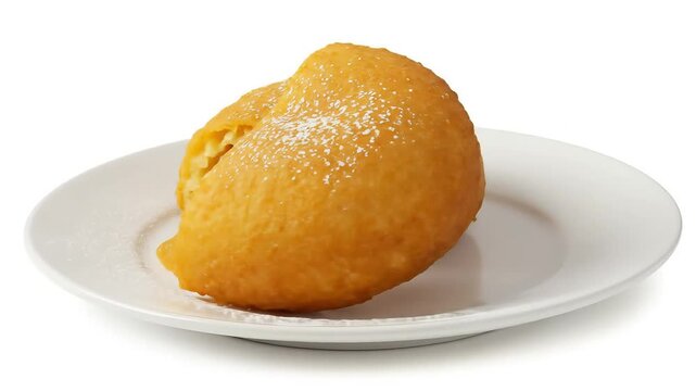 Two golden, deep-fried tucumanas split open to reveal a sweet filling of quince paste (dulce de membrillo) and cheese. Served on a white ceramic plate with a light dusting of powdered sugar.