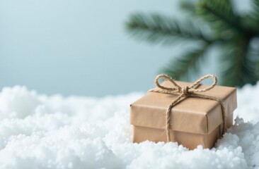 Small gift box wrapped in brown paper with twine on snowy surface. High quality photo