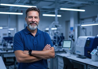 Fototapeta premium Experienced scientist with a salt and pepper beard poses confidently in a modern research laboratory setting