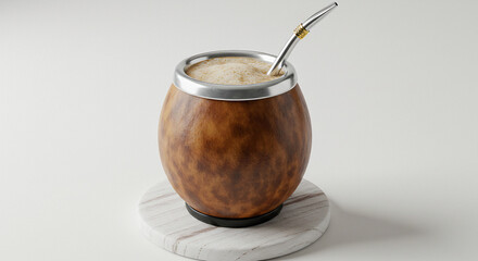 A traditional calabash gourd filled with warm mate con leche, served with a metal bombilla. The creamy beige liquid shows the blend of yerba mate and milk. The gourd sits on a white wooden coaster.