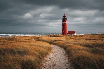 Bright red lighthouse at List West on Sylt Island overlooks rough North Sea waters and sandy dunes under a cloudy sky