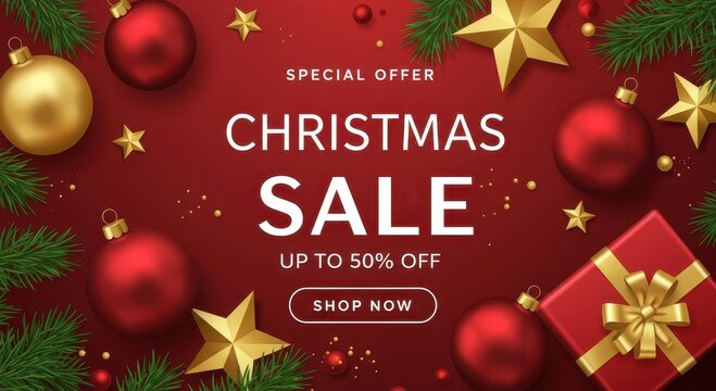 Festive christmas sale announcement with ornaments gifts and pine branches on red background