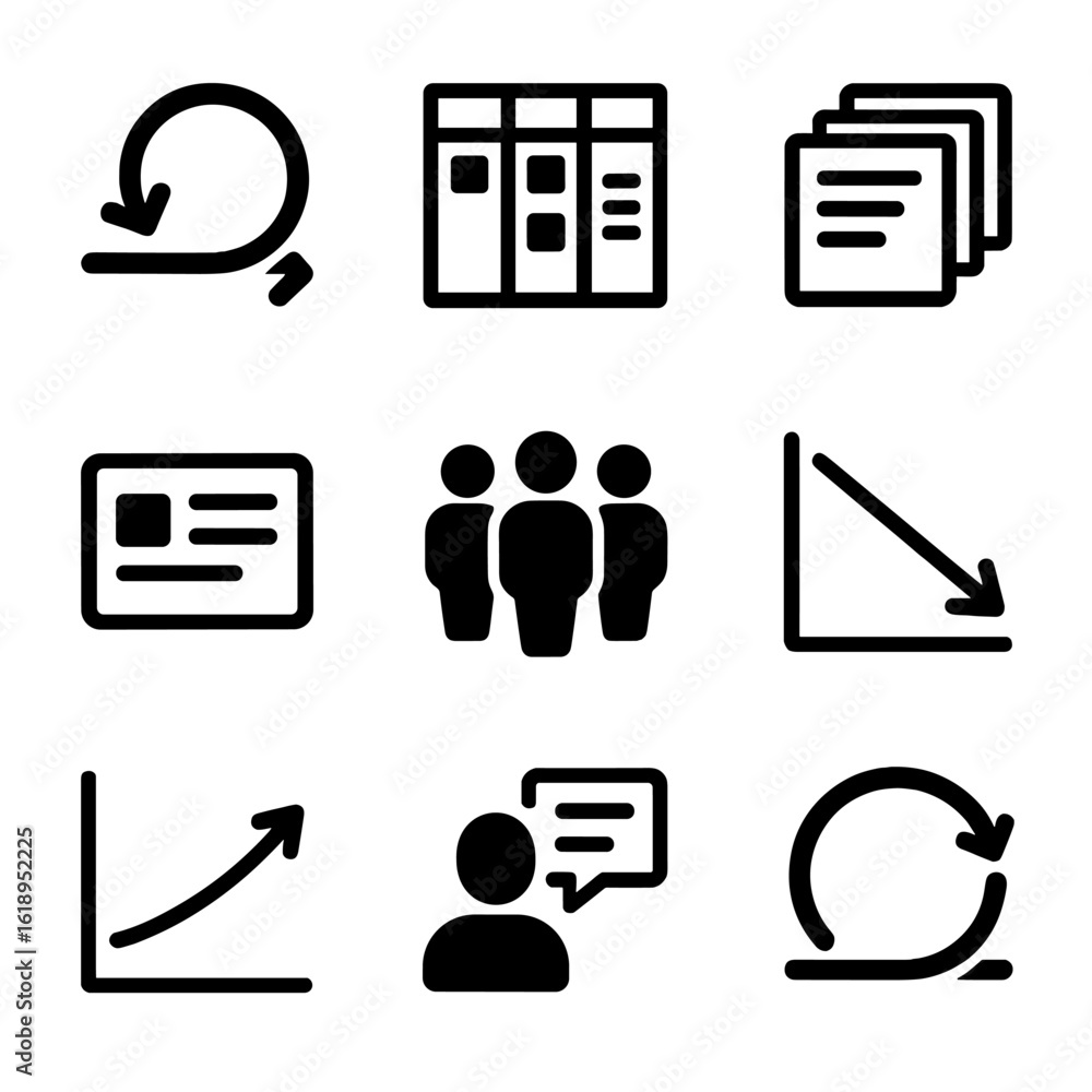 Poster agile icon grid. solid, filled icon set of agile project management: sprint, scrum board, backlog, t