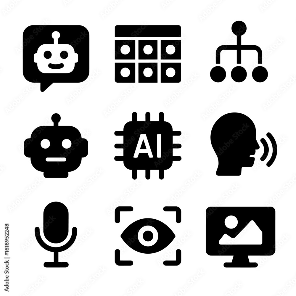 Poster ai tools icons. solid, filled icon set of ai and machine learning tools: chatbot, training data, dec