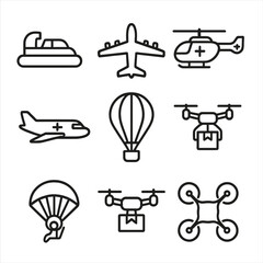 Airlift Icons Set. Solid, filled icon set of airlift evacuation transport modes: hovercraft, military cargo plane, rescue