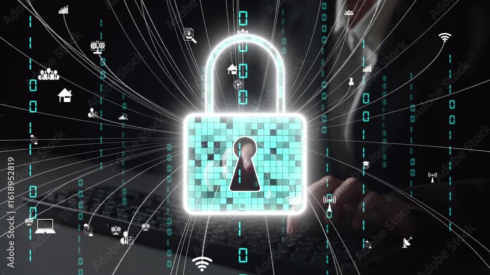Poster a conceptual image depicting a digital security lock surrounded by data flow, representing cyber sec