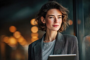 Young woman with curly red hair wearing glasses and a grey sweater, holding a tablet and looking thoughtfully out of a window at an airport during the day