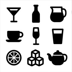 Beverage Icon Grid. Solid, filled icon set of dinner party drinks and beverages: cocktail glass, wine bottle, pitcher, coffee cup,