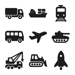 Big Vehicle Icons. Solid, filled icon set of big vehicles: truck, cargo ship, train, bus, airplane, tank, crane, bulldozer,