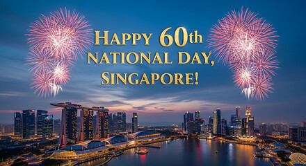 Singapore's skyline at dusk with fireworks celebrating the 60th National Day, reflected in the water.