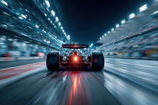 Red formula one car races on asphalt track at high speed toward bright sunlight at racetrack, grandstands