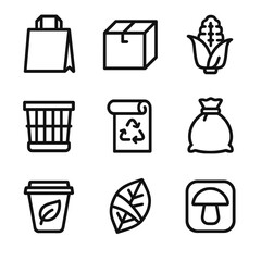 Biodegradable Packaging Icons. Solid, filled icon set of biodegradable packaging designs: paper bag, cardboard box, corn starch