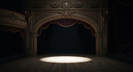 Moody image of a classical drama stage with wooden floor spotlight effect and vintage proscenium arch.