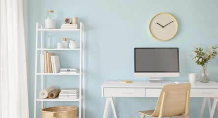 Bright and Airy Home Office with Light Blue Walls and Modern Decor
