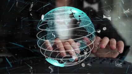This image illustrates a digital globe surrounded by various analytics graphics, representing trends and data analysis in a modern business workspace. Xenic - Powered by Adobe