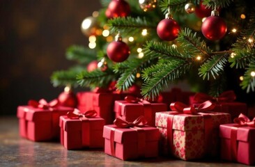Festive christmas gift boxes with red and gold ribbons under decorated evergreen tree. High quality photo