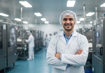 Smiling scientist in protective gear overseeing advanced manufacturing operations in a clean production facility