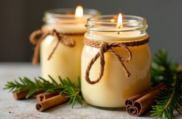 Cozy holiday ambiance with lit candles in glass jars and cinnamon sticks. High quality photo