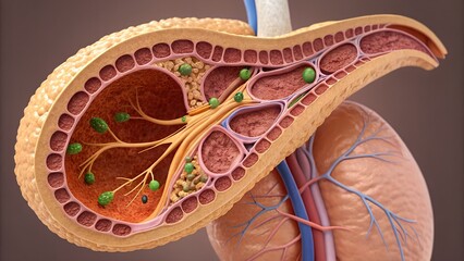 Hyperreal 3D cutaway of the pancreas — islets of Langerhans visible, digestive enzymes secreted into ducts