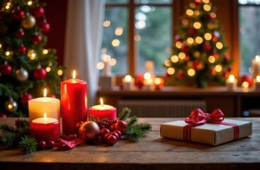 Cozy christmas scene with lit candles and gift by tree. High quality photo