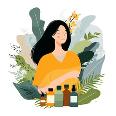 A serene illustration of a woman with botanical essential oils.