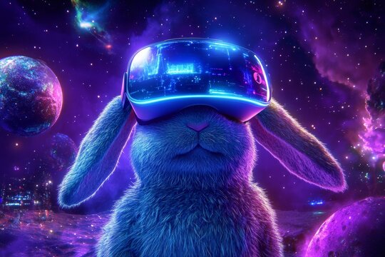 In virtual reality glasses with glowing eyes, a tiny cute bunny exists within the metaverse on a neon space background