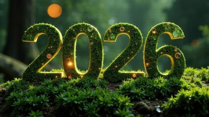 Glowing 2026 in forest, nature scene with sparkling light and greenery.
