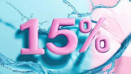 Fifteen percent discount with water splash around it. Fifteen percent off displayed with pastel pink numbers over abstract background. - Powered by Adobe