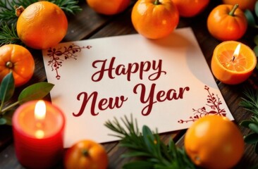 Festive happy new year card with mini pumpkins and candle decor. High quality photo