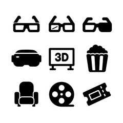 3D Cinema Icons. Solid, filled icon set of 3D glasses: anaglyph glasses, polarized glasses, active shutter glasses, VR headset,