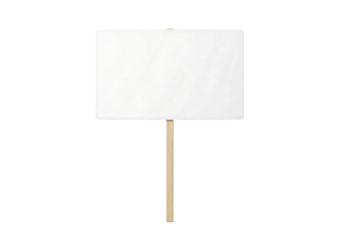 Blank white rectangular protest sign or placard on a wooden stick for rally. Isolated on transparent background, png