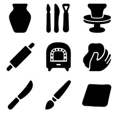 Clay Sculpting Icons. Solid, filled icon set of sculpting and creating art with clay: clay pot, sculpting tools, pottery wheel,