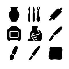Obraz premium Clay Sculpting Icons. Solid, filled icon set of sculpting and creating art with clay: clay pot, sculpting tools, pottery wheel,