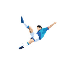 A soccer player executes a bicycle kick in mid-air.