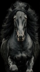 Obraz premium Majestic black horse running with flowing mane against a dark backdrop in a dramatic display of strength and grace