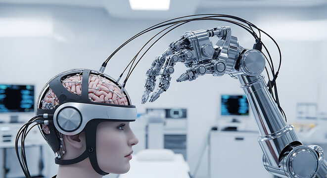 A woman with a brain-monitoring device interacts with a robotic arm in a sterile lab.
