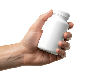 Hand holding a blank white plastic pill bottle for medicine or supplements. Isolated on transparent background, png