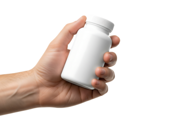 Hand holding a blank white plastic pill bottle for medicine or supplements. Isolated on transparent background, png